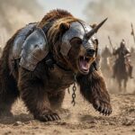 Бронированный боевой медведь со стальным рогом на фоне восточной конницы