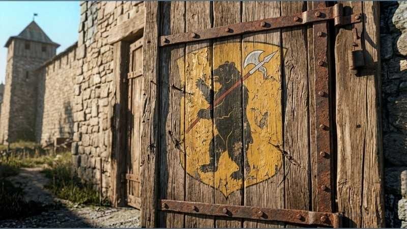 Герб Ярославля с медведем и секирой на старинных деревянных воротах крепости