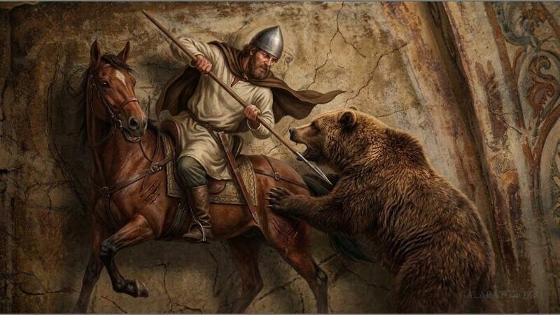 Художественная реконструкция фрески Софийского собора: конный воин Древней Руси сражается с медведем